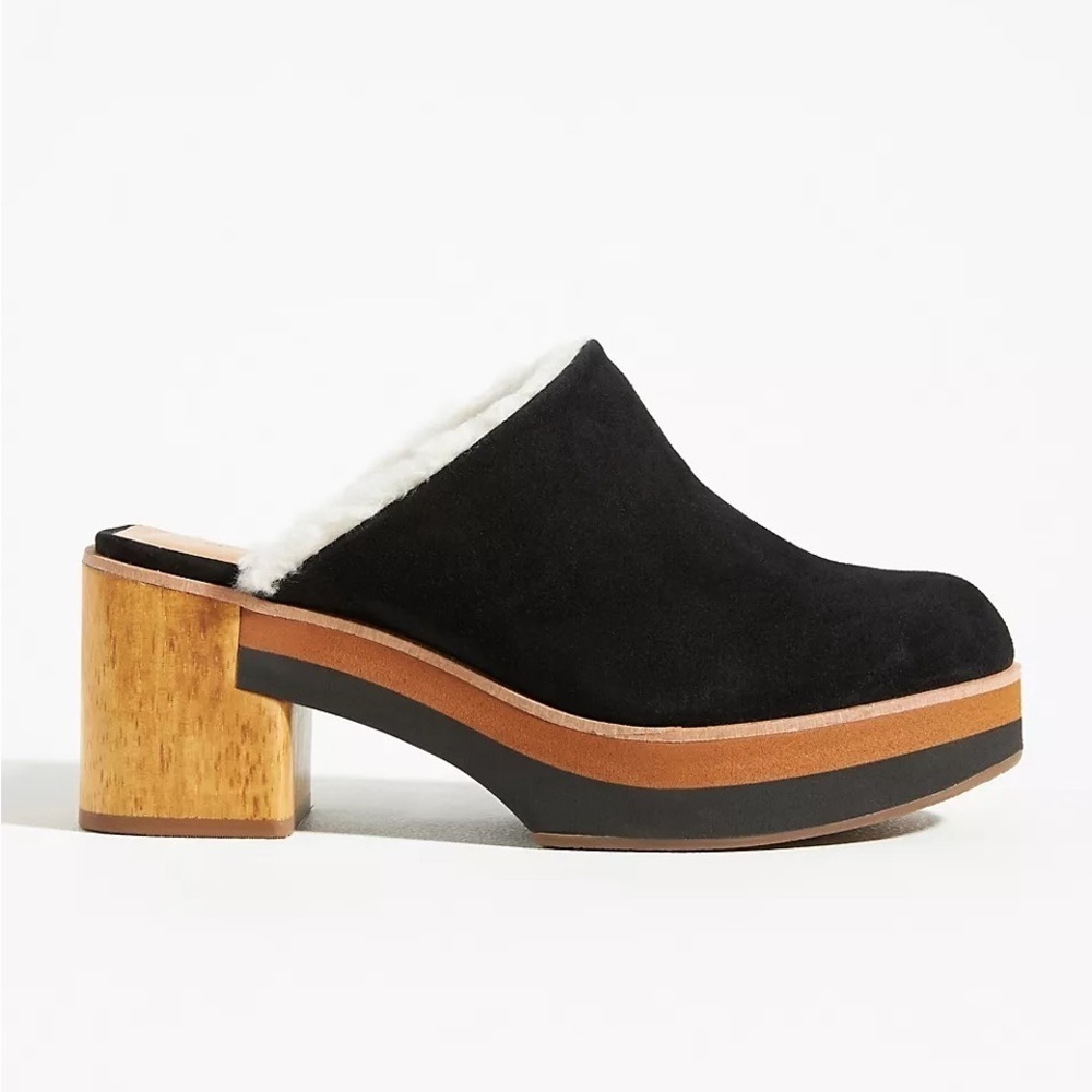 Anthropologie Bernardo Sky Clog platform Shearling cozy black suede shoe